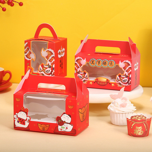 Factory direct sale cupcake box single box 2 red New Year cup cake packaging box portable transparent window
