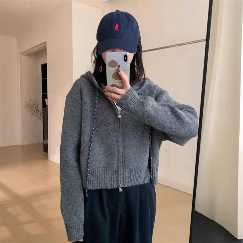 时尚慵懒风连帽针织开衫毛衣女秋冬季新款宽松短款休闲外套上衣|undefined