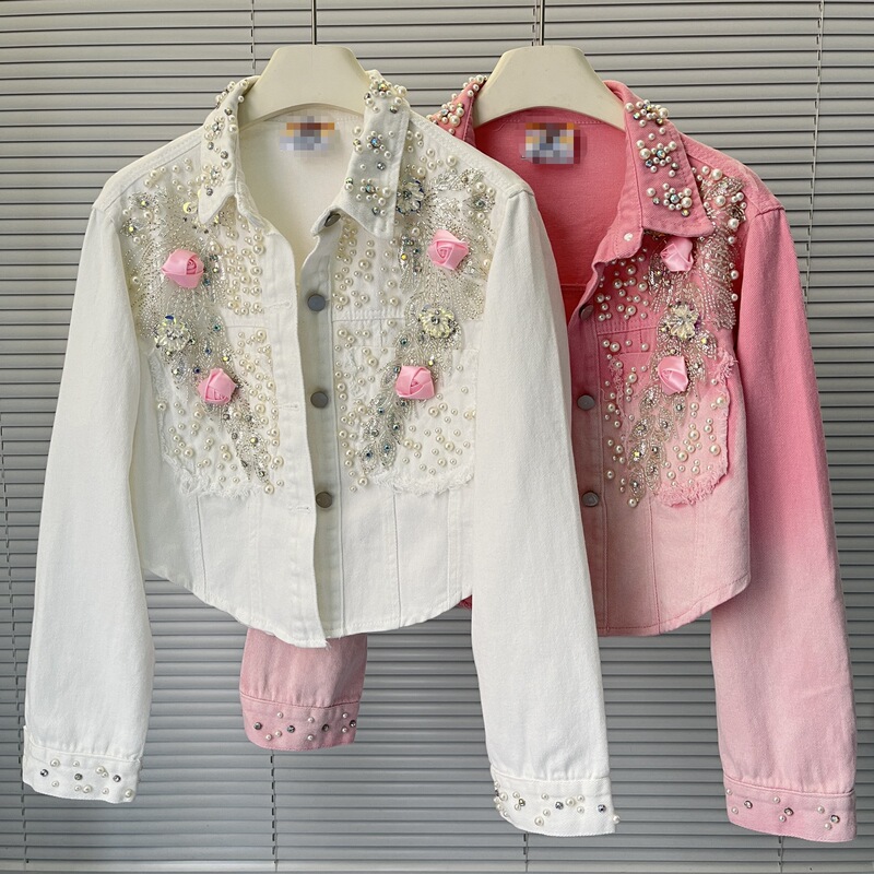 European Heavy-Duty Beaded Sequin Denim Jacket for Women 25 Autum New Stereo Flower Loose Versatile Long-Sleeved Jacket