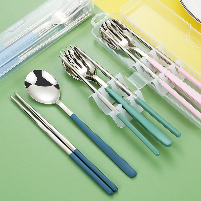 휴대용 식기 304 스테인레스 스푼 세트 스푼 포크 젓가락 3 피스 투명 플립 박스 크로스 보더 선물