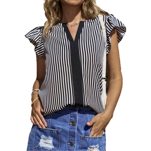 Women's V-neck Striped Pleated Casual Home Outdoor Shirt - Summer 2025