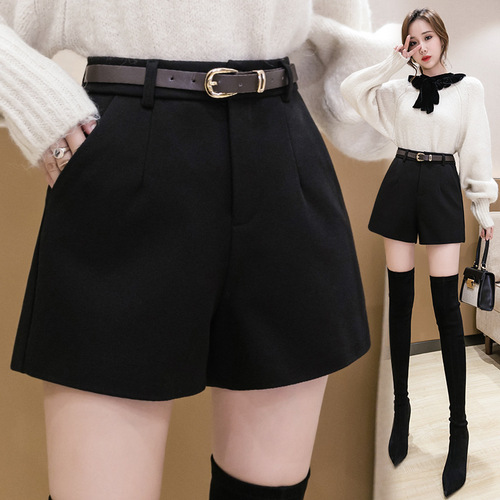 Black Woolen Suit Shorts for Women Spring Outerwear Base Boot Pants Fashion High-Waisted Loose Casual A-Line Wide Leg Pants