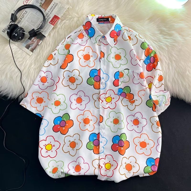 Vintage vintage girasol viaje Hawaiano lindo estilo de Hong Kong suelta casual hombres y mujeres de manga corta Camisa floral