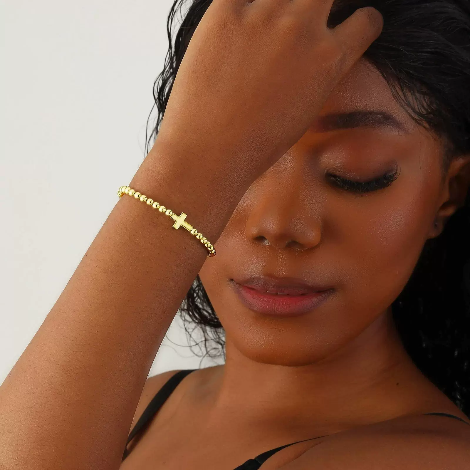 欧美波西米亚风新品 十字架金珠串珠手串 弹力伸缩 简约通勤首饰