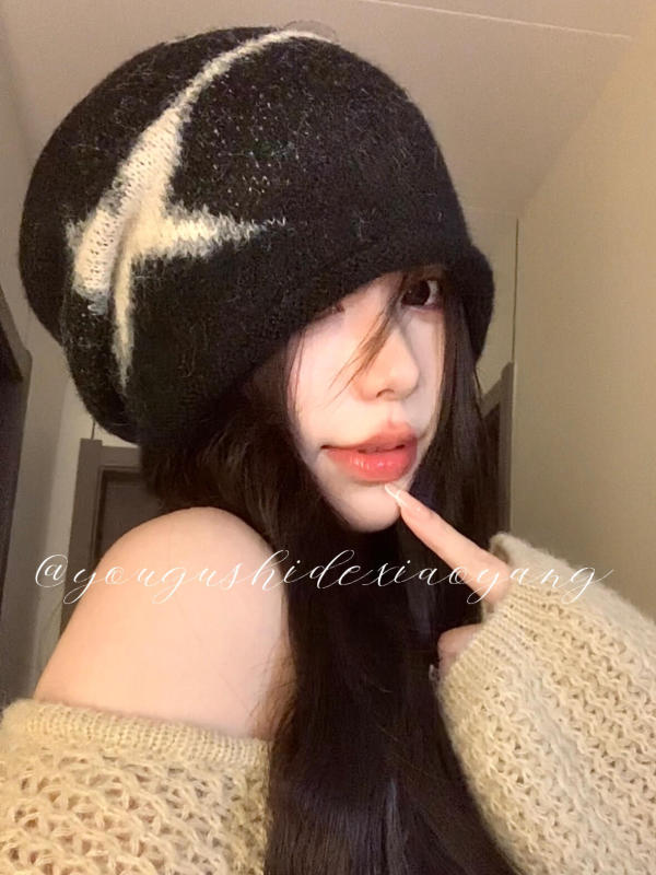 辣妹星星针织冷帽女秋冬韩系复古堆堆帽女护耳保暖百搭大头围包头|undefined