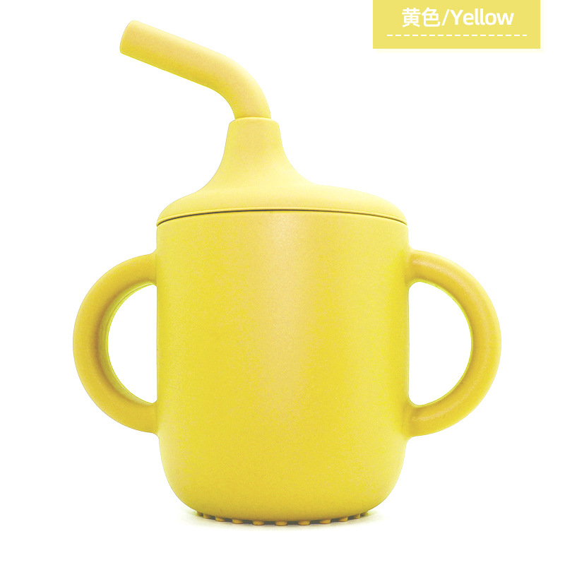 Taza de agua de silicona para niños, taza para aprender a beber, taza de agua con mango doble, taza de paja a prueba de caídas y fugas para bebés, taza de agua con dos orejas para beber directamente
