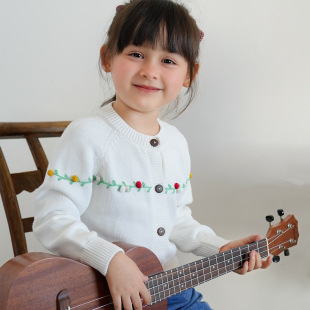 Ins2025 Spring & Fall Pure Cotton Hand-Embroidered Ball Kidsren's Sweater Jacket Wool Top Girls Knitted Cardigan