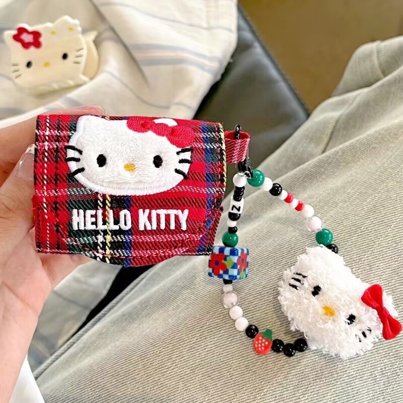 Cartoon Red Plaid Cat Headphone Cover for Apple airpods 2/3 Generation Fabric Flip Cover Protective Cover Pro