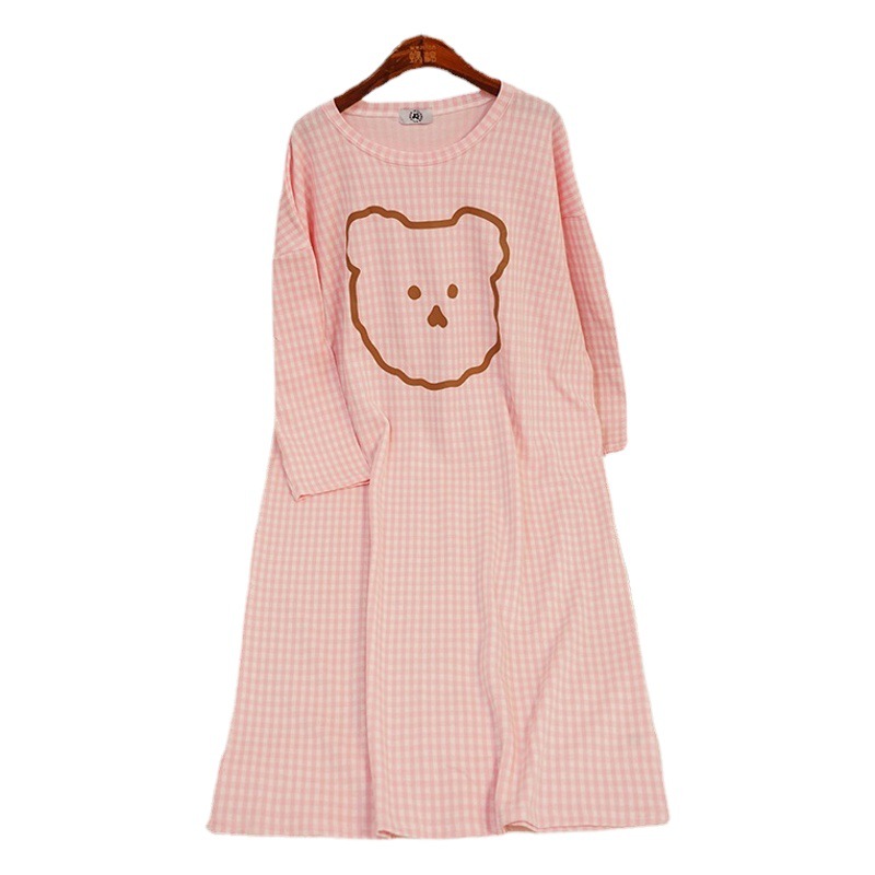 Dibujos animados Rosa oso a rayas nuevo pijama de primavera largo de las mujeres de dibujos animados Rosa oso a rayas camisón de longitud media delgada manga larga