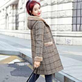 2025冬季新款毛呢格子大衣兔毛加绒加厚保暖长款连帽h型女士