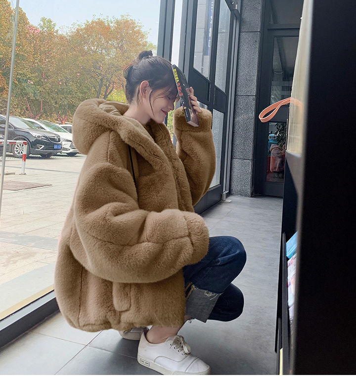 2022 Autumn and Winter New Imitation Fur Coat Women's Imitation Rex Rabbit Fur Hooded Plush Coat Loose Warm