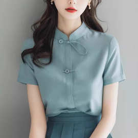 新中式国潮风上衣浅蓝色复古衬衫女夏季今年流行漂亮盘扣短袖上衣