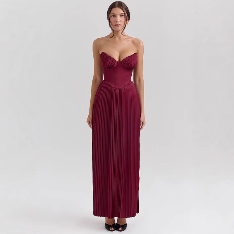 European and American cross-border autumn new ins-style sexy V-neck backless high-waisted slim-fit pleated midi dress
