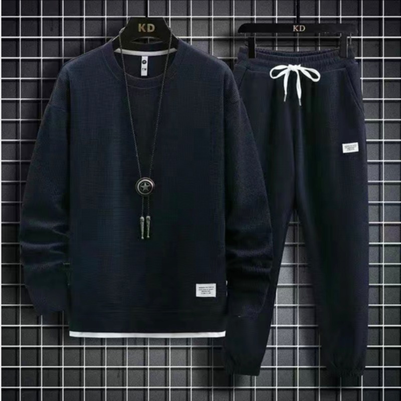 Camisa menos ropa waffle cuello redondo suéter traje Otoño e Invierno nuevo color puro casual Hong Kong estilo suelta de manga larga superior