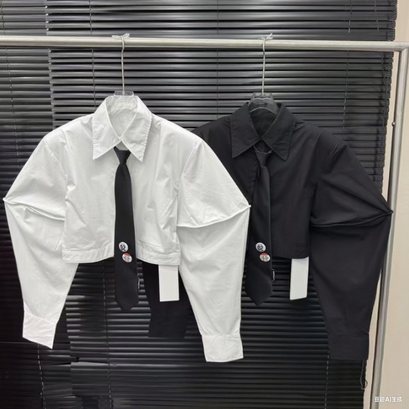 2025 New Women's Clothing with Tie Short Shirt Women's Niche Fashion Outline Design Shoulder Pad Long-Sleeved Shirt