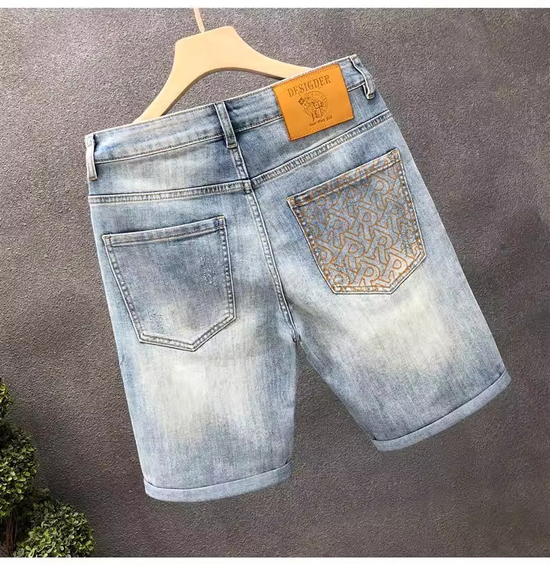 Light Blue Men's Distressed Denim Shorts High Waist Stylish Straight Leg Mid-Length Five Pocket Summer Trendy Clothing_mkmklike.com