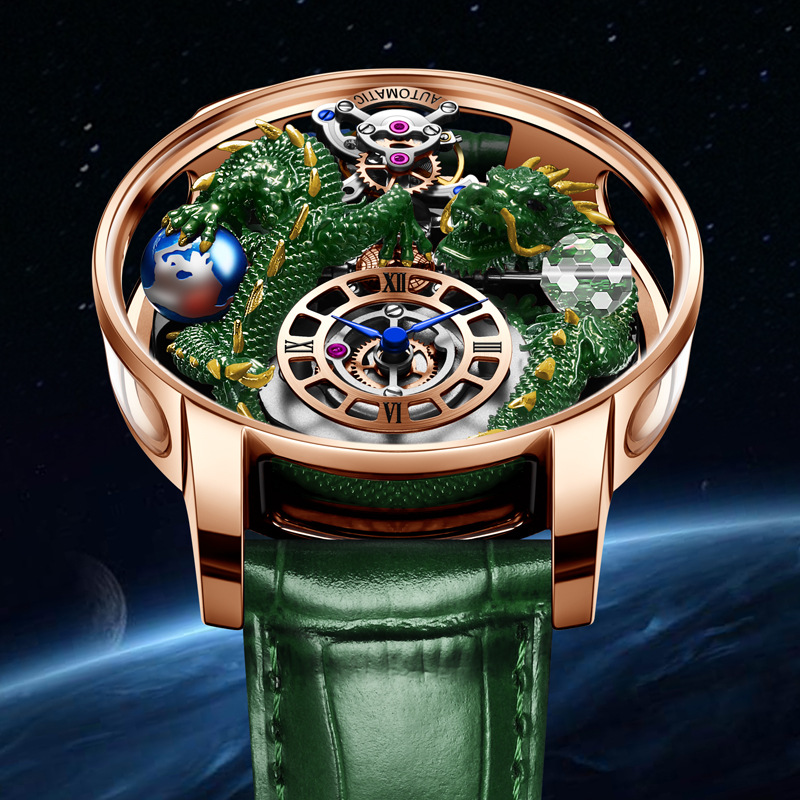 Đồng hồ nam automatic lộ máy chống nước dây thép không gỉ — Hồng Lục Long Lục Bì, Hồng xanh da rồng màu xanh da, Hồng Lục Long Hắc Bì, Hoa Hồng Green Dragon Net Belt
