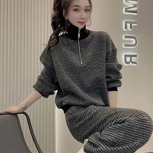 秋冬搭配条纹气质套装半拉链立领卫衣女时髦大码阔腿裤休闲两件套