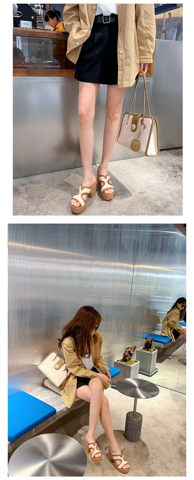 Dép sandal nữ quai chữ V da bò cao cấp đế xuồng dày, gót thô hở mũi, mùa hè — màu kaki chi tiết 14