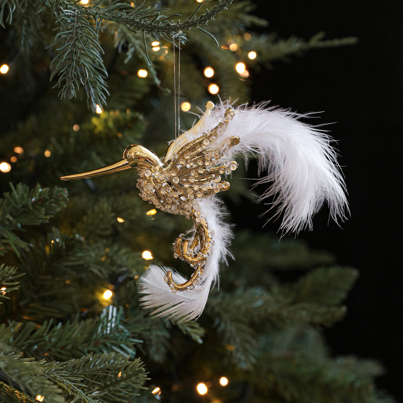 Nuevos colgantes de plumas de plástico colibríes polvo adhesivo brillante árbol de Navidad colgantes decoración colgante en stock