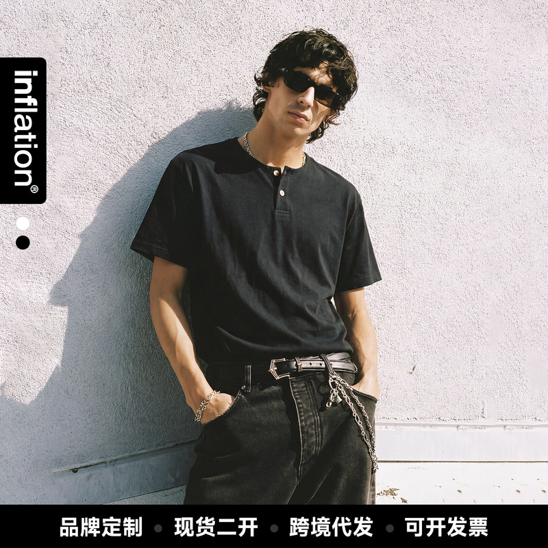 Jie Zhan Men's Clothing | Cooling Henry Collar Old Money T-Shirt 26 Summer New American Retro Loose Casual Short Sleeve Top