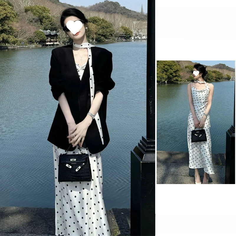 Корейский стиль: женский костюм из двух предметов с плечевыми накладками, весеннее платье с подвязками и воротником-стойкой в ​​горошек, топ в комплекте