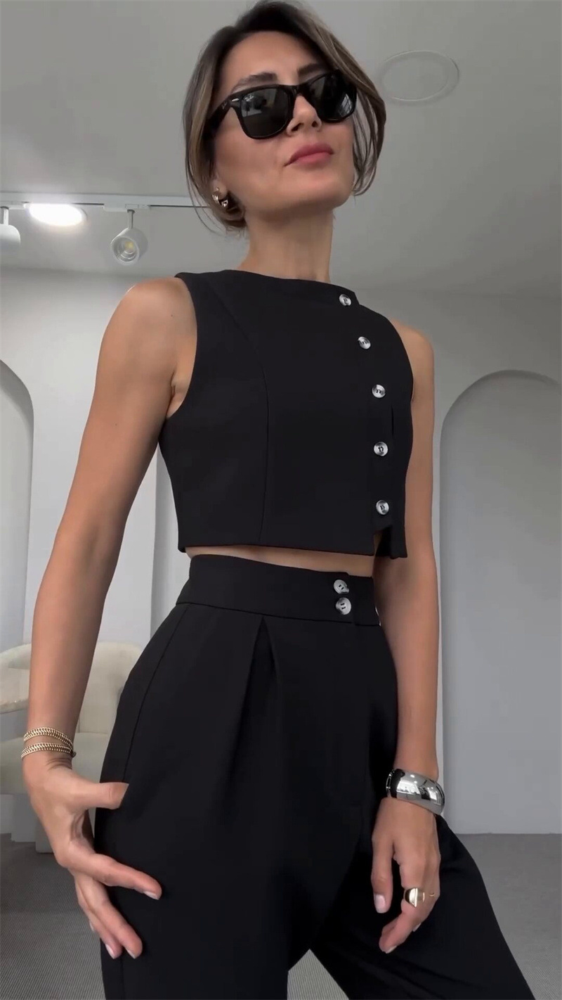 Button Design Holiday Daily Women's Casual Streetwear Solid Color Spandex Polyester Button Pant Co-ord Set Pants Sets