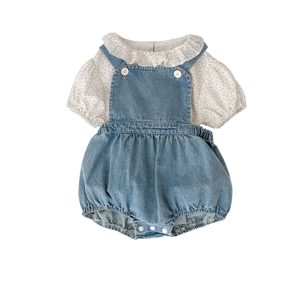 Ropa de verano para bebés y niños pequeños, estilo pastoral para niñas, blusa floral pequeña de manga corta, mono de mezclilla, traje de dos piezas
