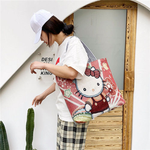New style women's canvas hand-held shoulder bag cartoon woven rust simple large-capacity shopping bag short-distance travel large bag