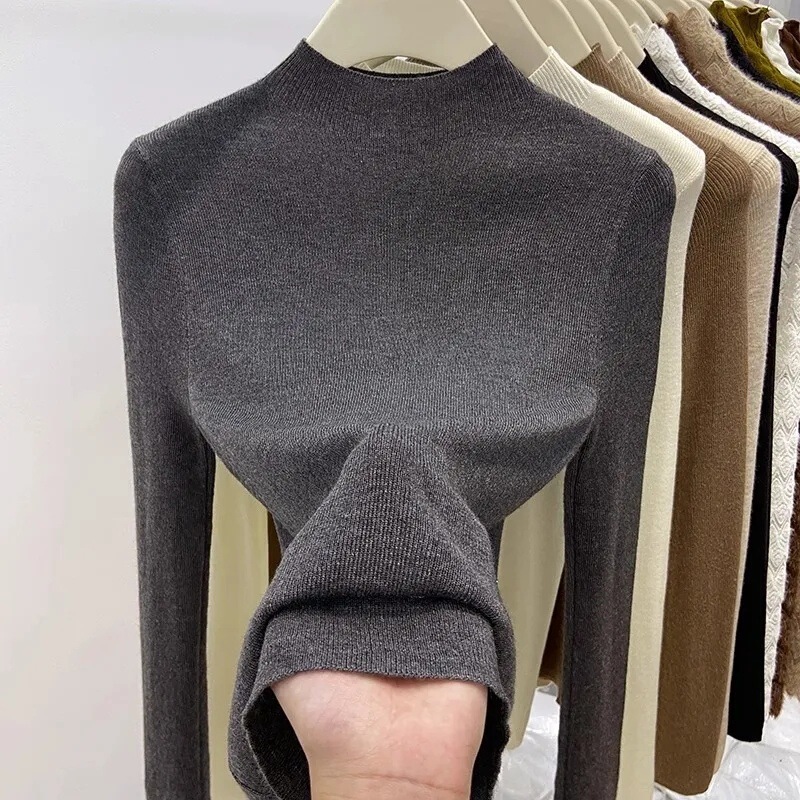 2025 New Style Half Turtleneck Soft Waxy Knitwear for Women Autumn and Winter Slim Pullover Knitwear Thin Inner Mid-Collar Bottoming Shirt