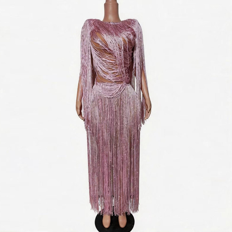 High-End Design Pink Tassel Shawl Dress for Evening Parties, Annual Meetings, Art Exams, Beauty Pageants, Red Carpet, and Birthday Celebrations