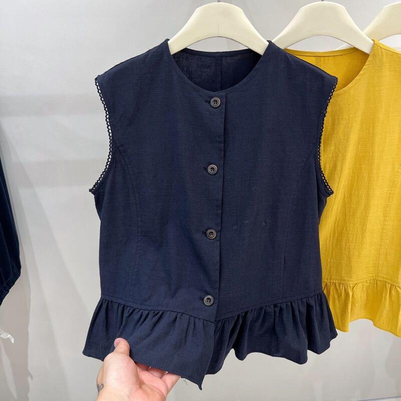 Chanel-Style Solid Color Round-Neck Sleeveless Cotton-Linen Shirt for Women, Summer Ruffle Patchwork Design, Single-Breasted Elegant Vest