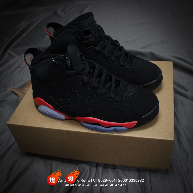 Air Jordan 6Aj6 Retro Mid-Top Men's Basketball Sports Running Shoes 26Th Edition Replica Black and Red Reverse Infrared