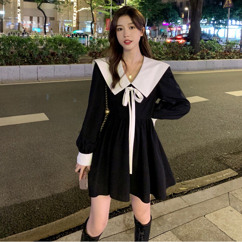 Baby Doll Collar Age-Reducing Sweet Dress for Women Autum 2024 New French Lace-Up Waist Slimming Look Short Skirt for Small People