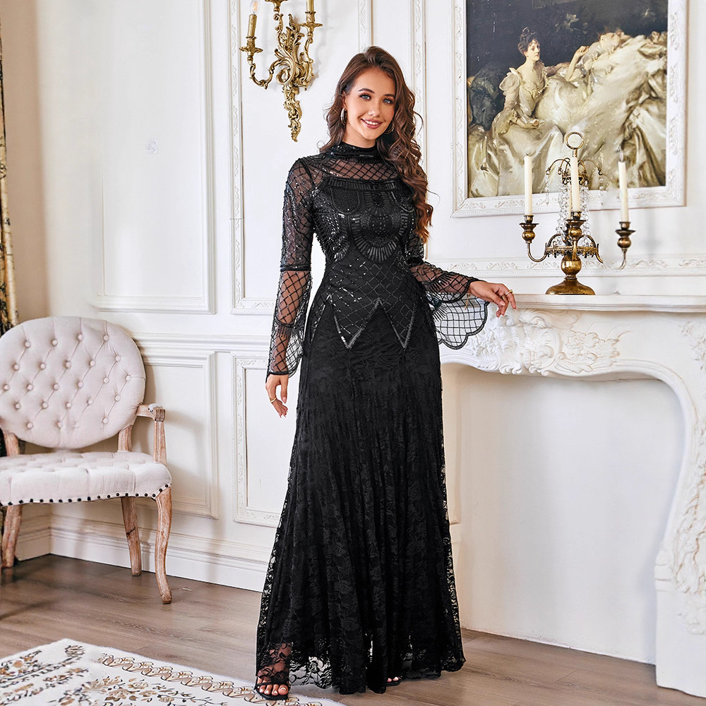 European and American Sequined Evening Dresses, Elegant Party Dresses, Amazon Long-Sleeved Gowns, Long Dresses