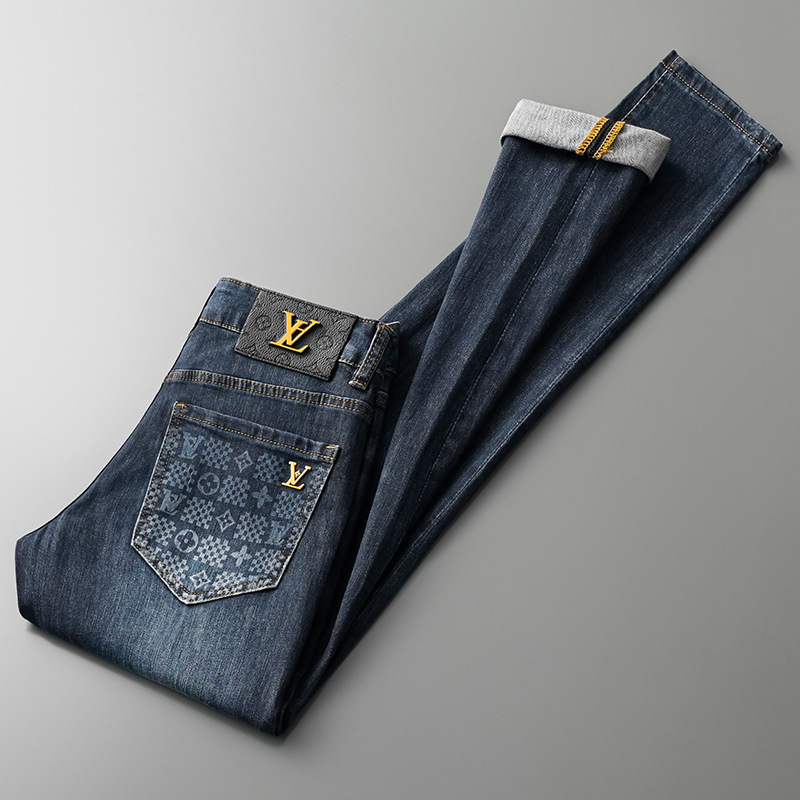 European high-end embroidered jeans male Tide brand heavy craft light light color thin slim small foot denim pants male trend