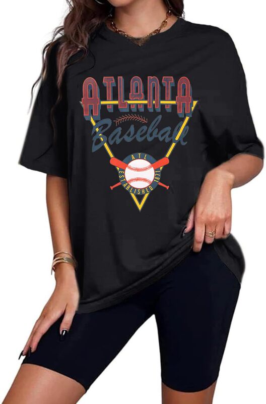 Weiyuqi Women's Vintage T-Shirt Atlanta Baseball Alphabet Shirt Oversized Loose T-Shirt Hugh