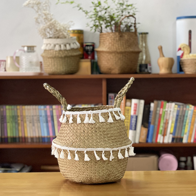 Cross-border new fringe decoration Nordic style woven seaweed basket creative home miscellaneous storage, multiple grass-woven flower baskets