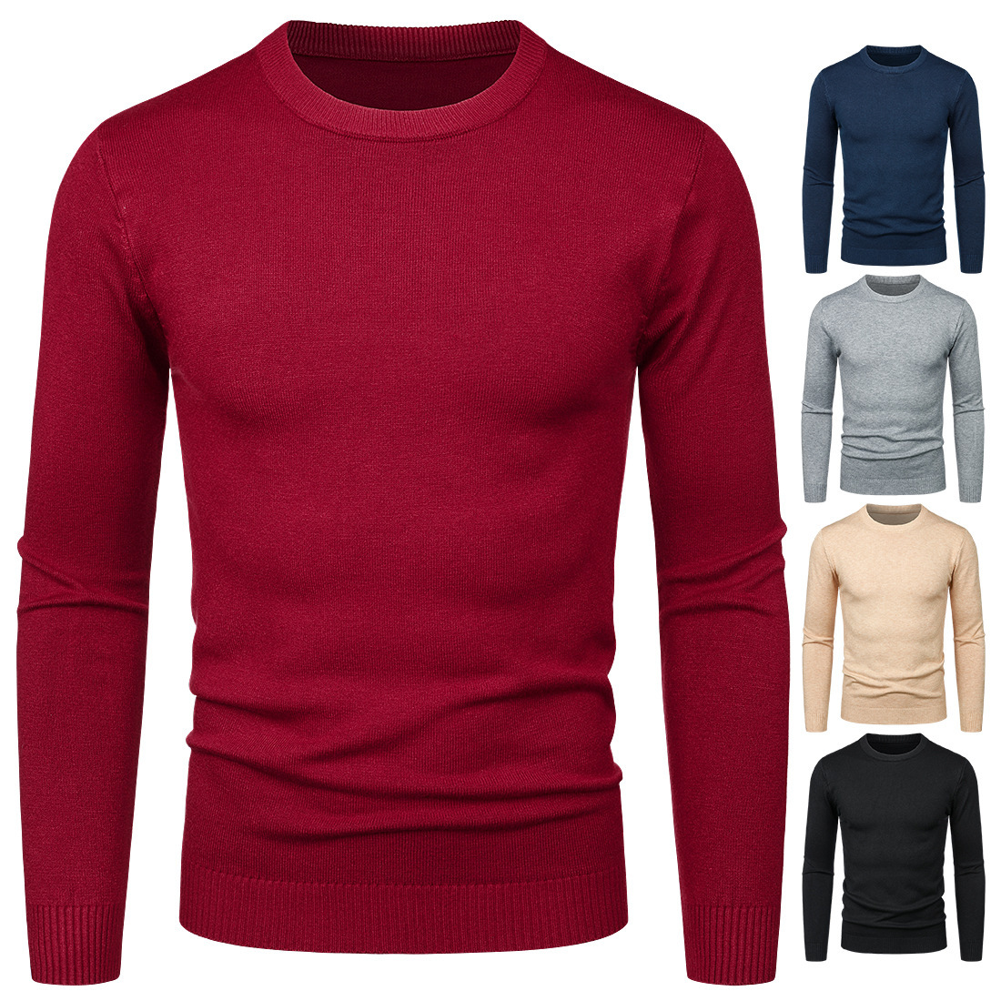 Men's Solid Color Knitting Shirt Cross Border Round Neck One Size Long Sleeve Sweater Underlay Shirt
