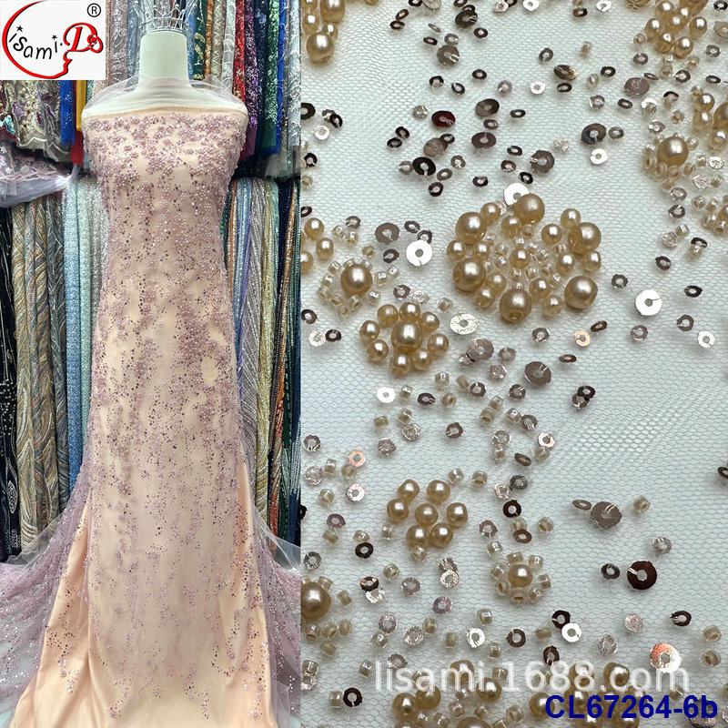 法式复古满幅泡珠亮片绣蕾丝面料 bridal sequins lace fabric