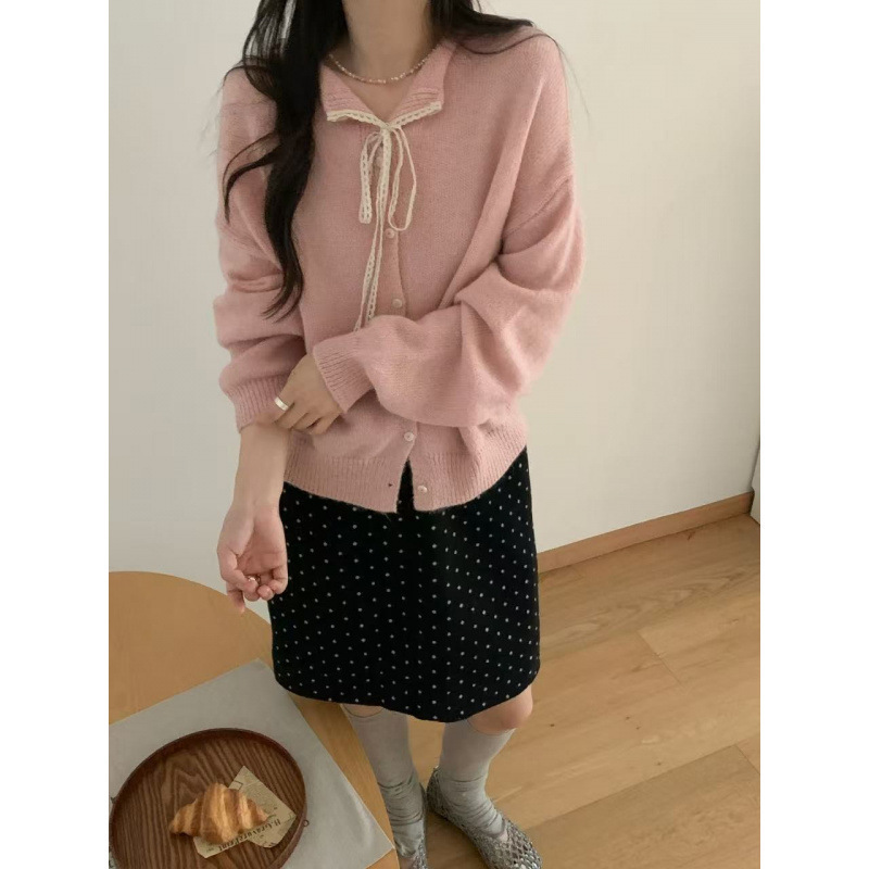 KANING韩系系带蕾丝翻领毛衣小外套女秋新款纯色百搭软糯针织开衫|undefined