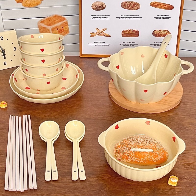 Cream Heart Ceramic Underglaze Color Tableware Soup Bowl Rice Bowl Plate Set Household High-Looking Multi-Person Tableware Cream Heart Ceramic Underglaze Color Tableware Soup Bowl Rice Bowl Plate Set Household High-Looking Multi-Person Tableware