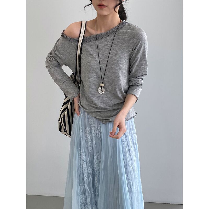 Spring Fairy~Korean-Style Design Ruffled Edge One-Shoulder Long-Sleeve T-Shirt for Women, Slimming and Elegant Blouse E3525 Spring Fairy~Korean-Style Design Ruffled Edge One-Shoulder Long-Sleeve T-Shirt for Women, Slimming and Elegant Blouse E3525