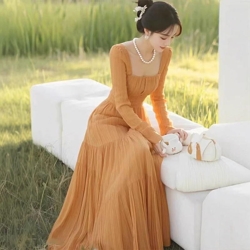 syfs9989 spring French waist slimming dress fashionable temperament socialite high-class orange collar dress