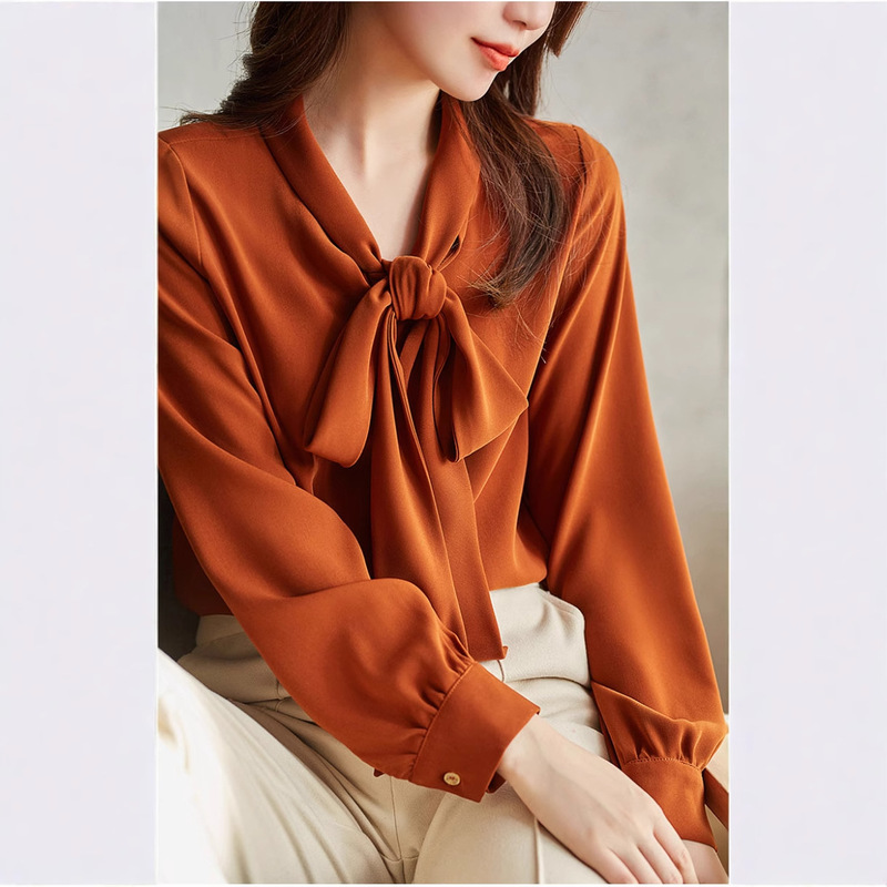 Cross-Border Lace-Up Shirt 2025 Spring & Fall Elegant and Practical Stand-Up Collar + Streamer Drape Smooth Pure Color Shirt Women's Top