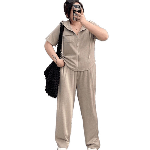 Summer Large 300 lbs Set Women Plus Size Hooded Short Sleeve Zip Up Top Slimming Casual Matchable Wide Leg Pants