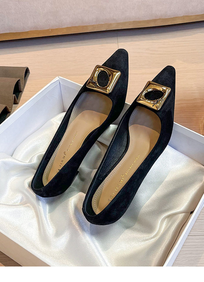 Giày cao gót nữ mũi vuông gót thô khóa kim loại, chất liệu len cashmere cao cấp, gót 3–6 cm — Màu nâu, màu đen chi tiết 11