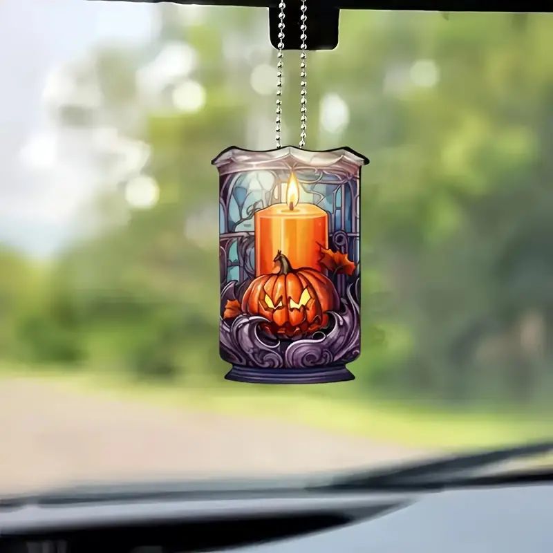 Creativo 2D Halloween horror calabaza vela navideña colgante acrílico plano transfronterizo decoración del espejo retrovisor interior