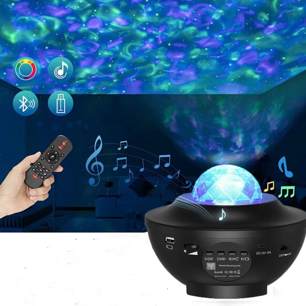 Lámpara proyector de cielo estrellado con música Bluetooth, proyector láser con control remoto USB, luz nocturna de ambiente para dormitorio, lámpara de estrella Bluetooth