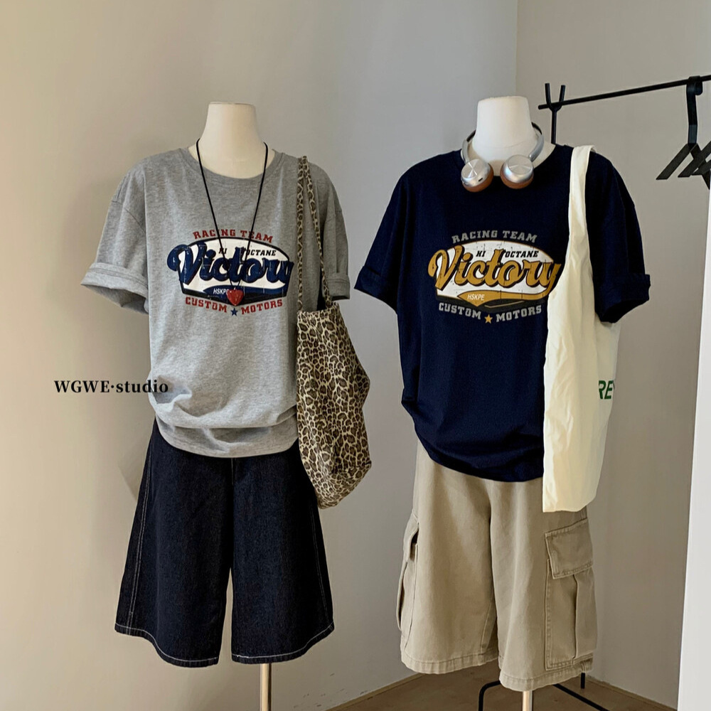 WGWE coreano americano retro letra impresa suelta manga corta estilo universitario simple manga corta camiseta mujer verano W5760 image 1